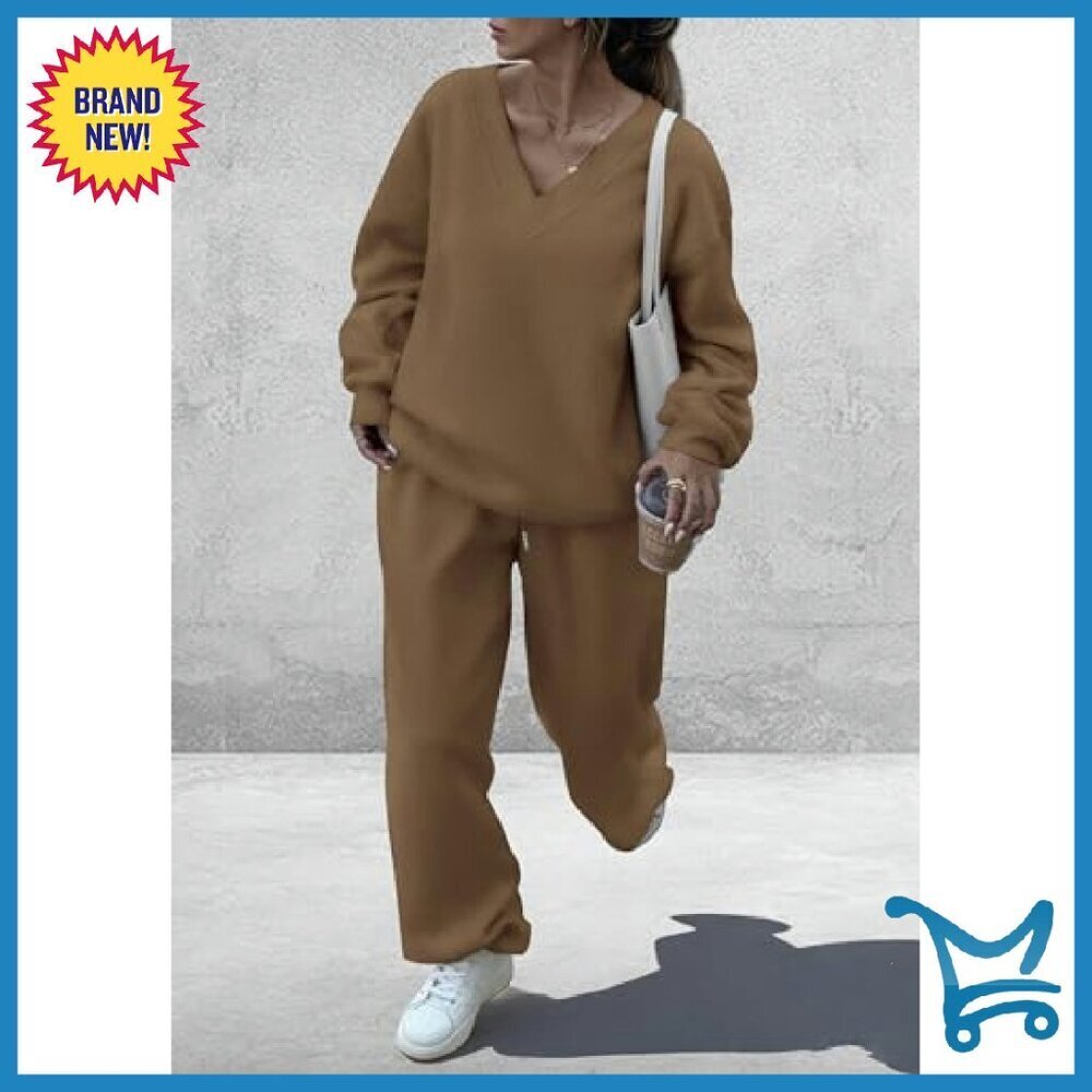 V-Neck Sweatshirt & Wide Leg Pants Set, Knit Fabric, Elastic Waist - Picture 7 of 8